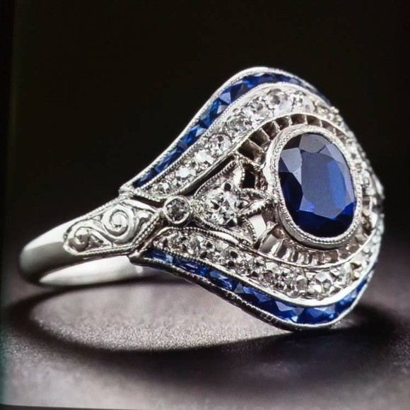 Art Deco Vintage Women's Silver,Sapphire, white To - Picture 2 of 5
